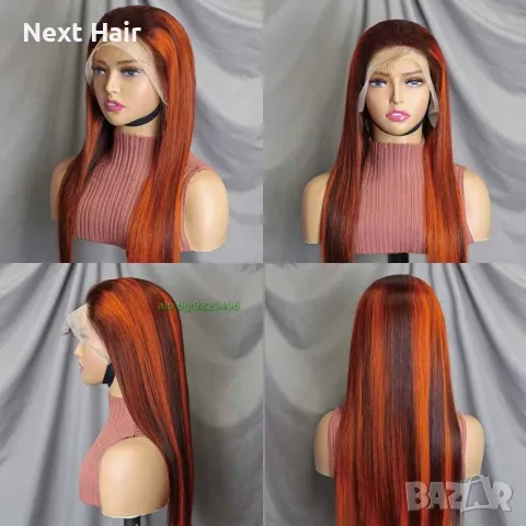 60 см естествена перука с оранжеви кичури, снимка 3 - Аксесоари за коса - 48438405