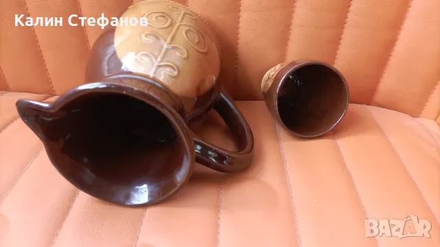 Ретро керамичен комплект за вино, 6 чаши и кана, снимка 6 - Сервизи - 47941784