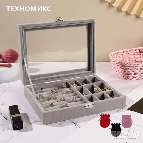 Кутия за бижута, сива, стъклен капак, снимка 4 - Други - 51813813