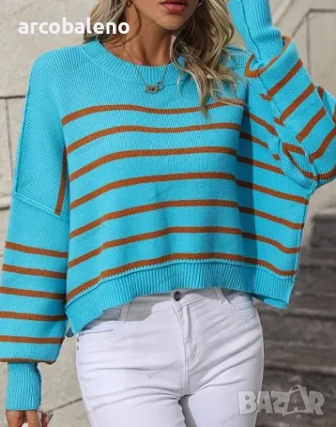 Дамски плетен пуловер с кръгло деколте, свободен пуловер на райета, 5цвята , снимка 6 - Блузи с дълъг ръкав и пуловери - 47860460