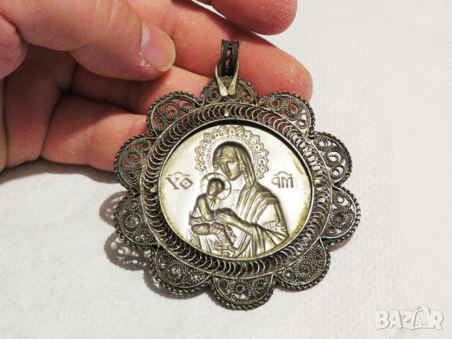 Възрожденска Сребърна икона, амулет, накит, медальон с Богородица, Дева Мария - Панагия 70 мм сребро, снимка 5 - Колиета, медальони, синджири - 35585086