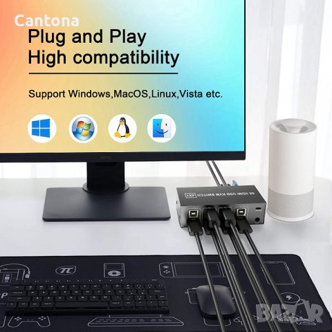 4-портов HDMI KVM превключвател, 4 компютъра с един монитор, 4K@60Hz, 4 в 1 KVM, мишка, клавиатура, , снимка 4 - Други - 37738013
