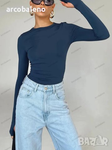 Дамска едноцветна Hot Girl Slim Fit тениска с кръгло деколте и дълъг ръкав, 8цвята, снимка 8 - Тениски - 42771314