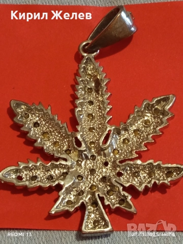 СРЕБРИСТ МЕДАЛЬОН ЛИСТА от МАРИХУАНА с КРИСТАЛИ 16415, снимка 6 - Колиета, медальони, синджири - 52503803