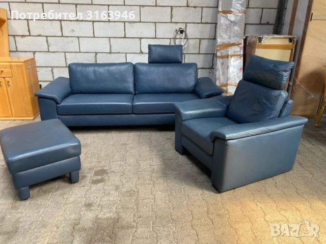 Луксозен холов комплект –80/те естествена кожа в тъмносин цвят, снимка 2 - Дивани и мека мебел - 51718804