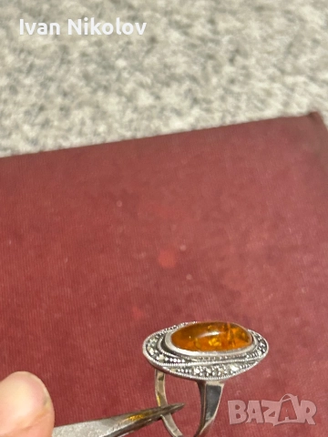 Дамски сребърен пръстен с кехлибар, снимка 5 - Пръстени - 52886773