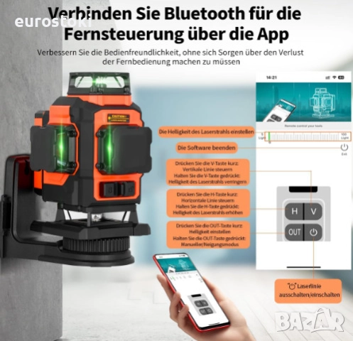 Лазерен нивелир TakamineTech с кръстосани линии, зелени лазерни диоди, 4 x 360 градуса, самонивелира, снимка 4 - Измервателни инструменти - 51852252