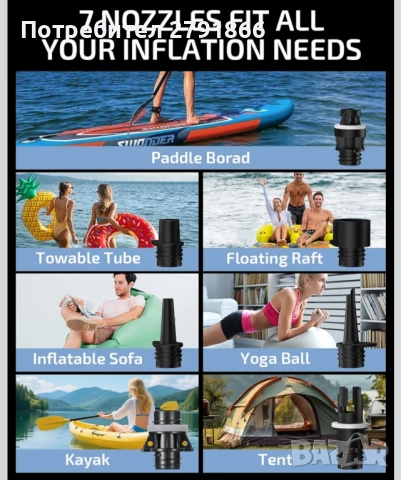 Помпа за падълборд Swonder Seawolf 20 PSI,батерия 6000mAh и адаптер за кола до 17V DC нова, снимка 7 - Водни спортове - 52413479