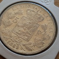 5 Франка Белгия 1869 сребърна монета в СУПЕР състояние, снимка 2 - Нумизматика и бонистика - 39975618