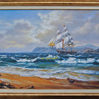 "Ноктюрно", морски пейзаж с платноход, картина, снимка 9 - Картини - 32552126
