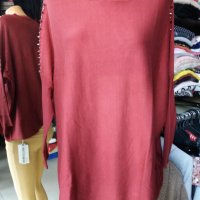 Широка блуза фино плетиво в бордо с кабсички  на раменете , снимка 1 - Блузи с дълъг ръкав и пуловери - 38893614