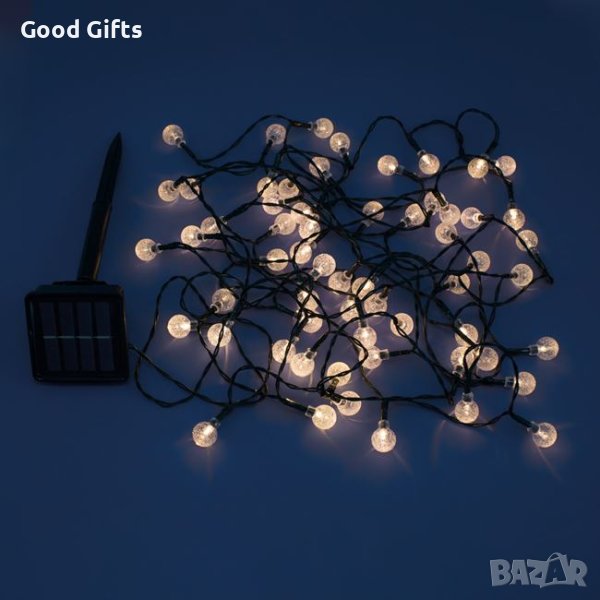 Соларни коледни лампички Кристални Топки, Топло бяло, 60 LED, С програми, снимка 1