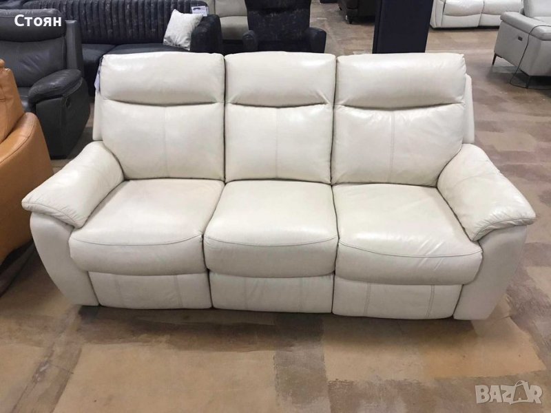  Кремав диван тройка-естествена кожа с релаксиращ механизъм за краката, снимка 1