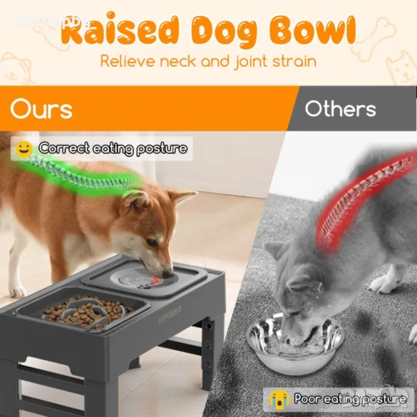 4415 Двойна купа за храна и вода на регулируема черна стойка за локуми кучета, снимка 1