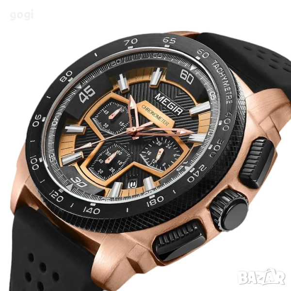 Мъжки часовник MEGIR, японски кварц, хронограф, календар, светещи стрелки, черен с розово злато, снимка 1