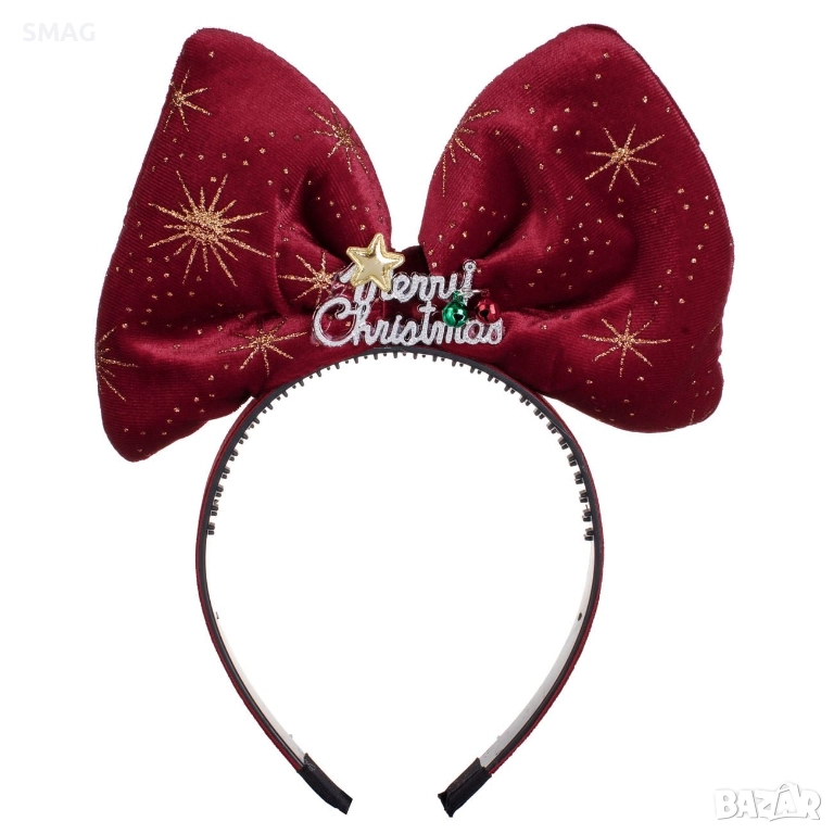 Коледна диадема бордо с панделка и звънчета Merry Christmas_1255087, снимка 1