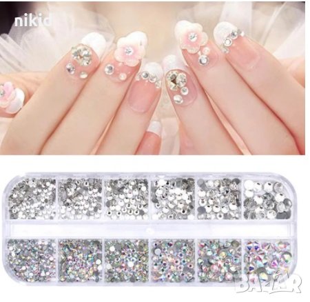 6 размера камъчета за нокти маникюр декорация сребристи и хамелеон в кутия, снимка 1