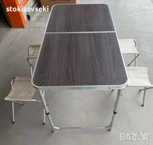 Комплект сгъваема къмпинг маса с 4 стола, регулируема височина, дизайн "куфар" в сив цвят, снимка 2 - Други - 54058299