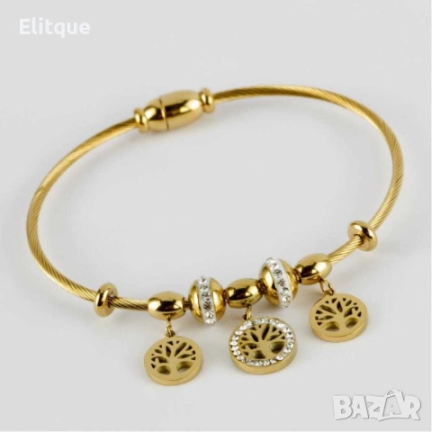 Дамска твърда гривна от медицинска стомана с висулки Дървото на живота и елементи с камъни цирконии, снимка 5 - Гривни - 52895159