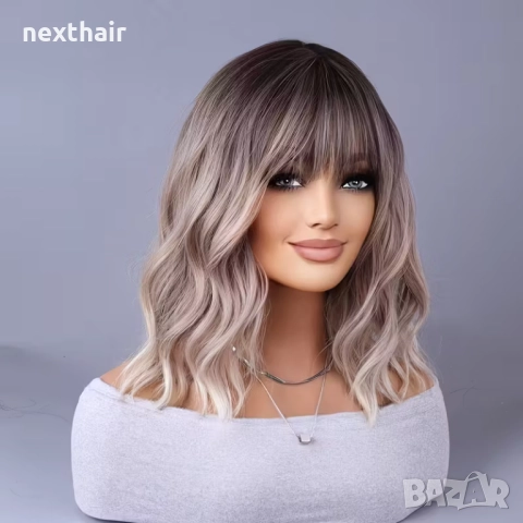 Вълнообразна руса перука с тристепенен омбре ефект и бретон, снимка 3 - Аксесоари за коса - 51820416