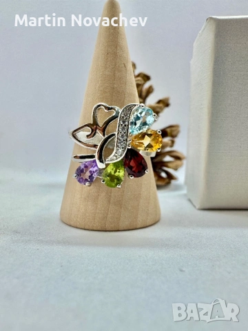 Сребърен пръстен с естествени камъни, снимка 3 - Пръстени - 53211206