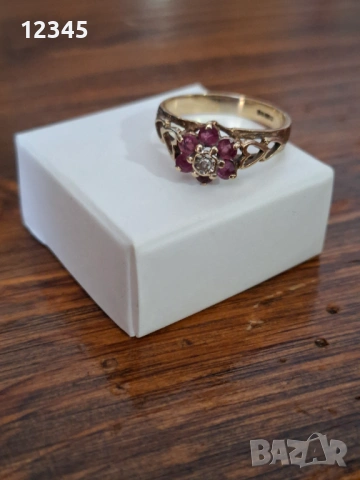 Старинен златен пръстен с диамант и рубини, снимка 7 - Пръстени - 54075674