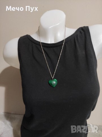 Сребърен синджир с сърце от зелен малахит (23), снимка 3 - Колиета, медальони, синджири - 37761514