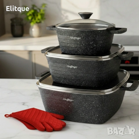 Комплект тенджери – Cheffinger от 3 части с мраморно покритие и капаци + подарък 2 ръкавици, снимка 3 - Съдове за готвене - 53122608
