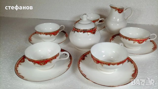 Сервиз за кафе, 5 чашки с чинийки, захарничка и каничка за мляко