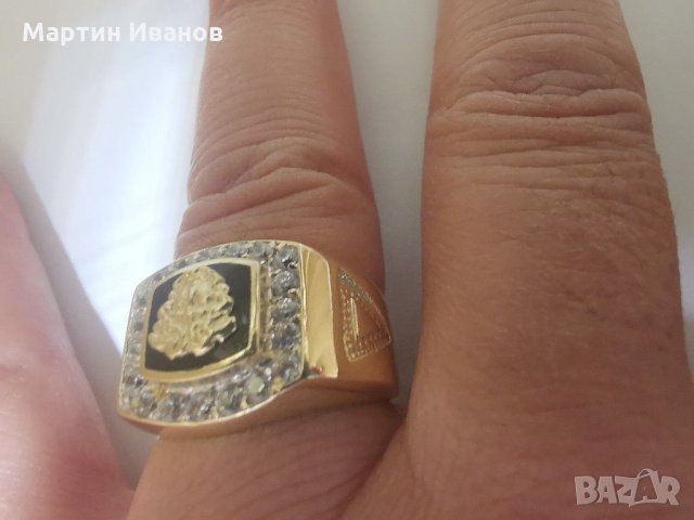 Златен мъжки пръстен с оникс и циркони , снимка 12 - Пръстени - 30831006