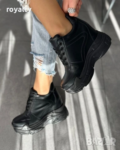 Кецове на платформа - черна кожа, снимка 2 - Кецове - 54029386