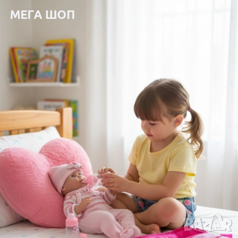 Кукла бебе с пълен комплект – Шише, пижама, легълце и аксесоари - 42 см - НА БЪЛГАРСКИ, снимка 2 - Кукли - 52584644