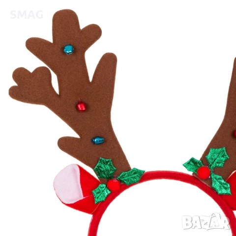 Коледна диадема с еленови рога, имел и цветни камбанки 15 см_1196844, снимка 2 - Шноли, диадеми, ленти - 52708740