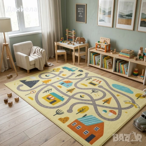 Детски килим за игра 120х160см - Светложълт килим с цветни къщички, противоплъзгащ и миещ се