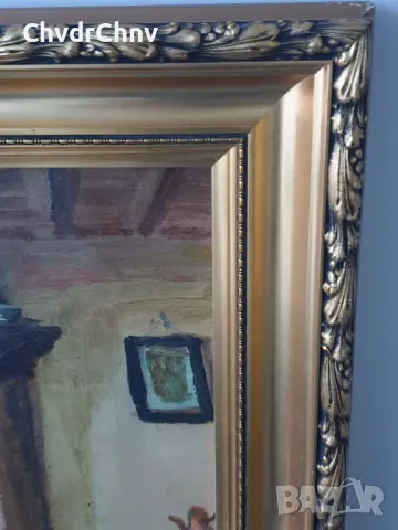 Ceuls 74х67см/стара картина масло върху платно/натюрморт-стая-камина/дървена рамка, снимка 6 - Картини - 49183872