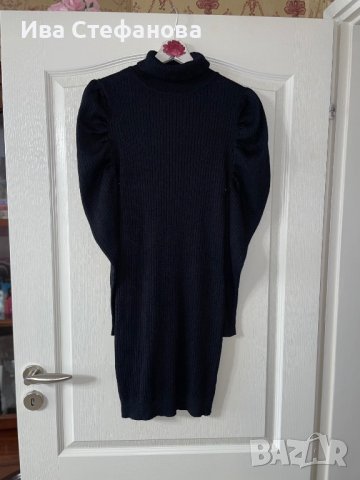 Черна нова елегантна ежедневна еластична рокля рипс рипсена поло яка буфан ръкав , снимка 7 - Рокли - 42757426