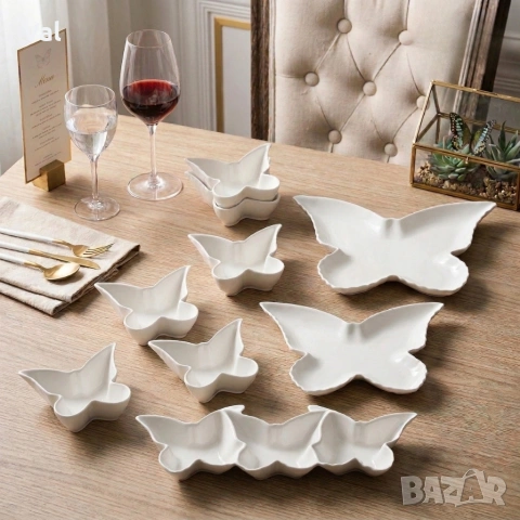 Елегантен комплект за сервиране от висококачествен порцелан, дизайн "Пеперуда" - 9 части, снимка 5 - Сервизи - 53929913