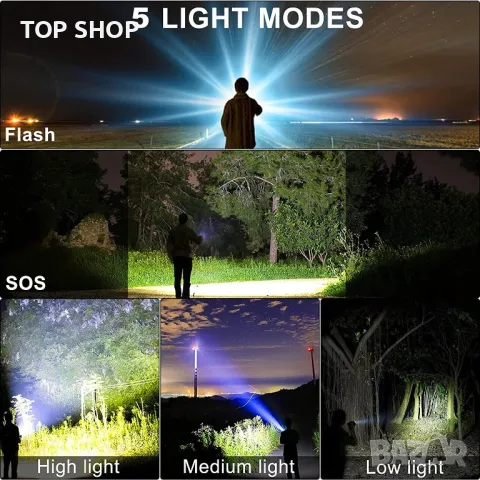 Ново мощно LED фенерче USB акумулаторно 5 режима за къмпинг туризъм, снимка 3 - Къмпинг осветление - 49657642