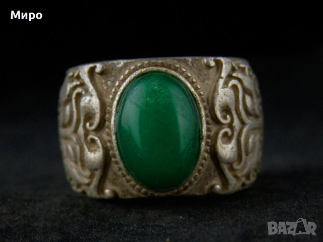 БЕЗ АНАЛОГ ТИБЕТ НЕПАЛ АЗИЯ ПРЪСТЕН  ЗЕЛЕН НЕФРИТ , снимка 2 - Антикварни и старинни предмети - 40493271
