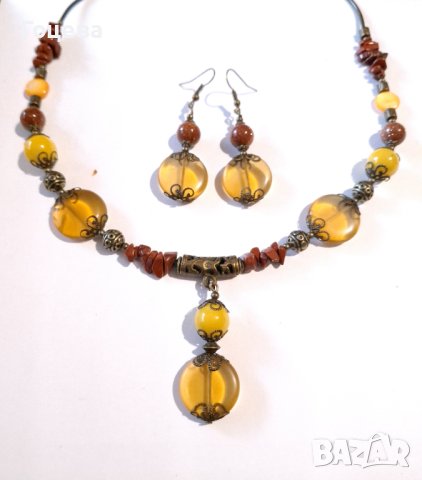 Уникален Бохо комплект бижута обици и колие с камъни Цитрин, Седеф,Яспис,Слънчев камък , снимка 10 - Бижутерийни комплекти - 42550962