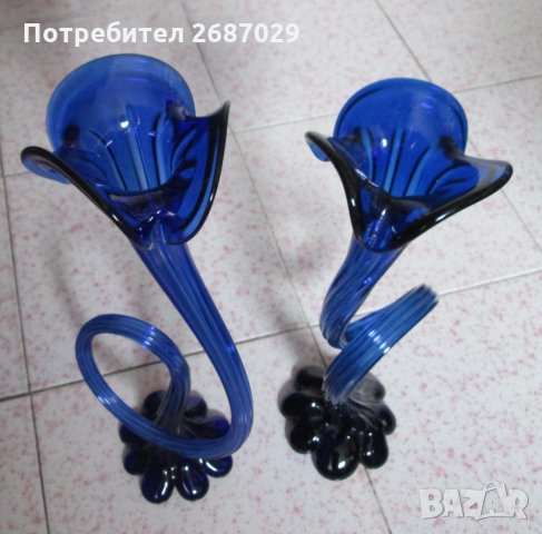Високи  38 и 44 см  -  2 бр невероятни големи стъклени сини вази, снимка 3 - Вази - 30594521