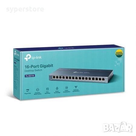 Суич TP-Link TL-SG116 16-портов Gigabit Настолен комутатор 23.8Mpps, снимка 3 - Суичове - 34550926