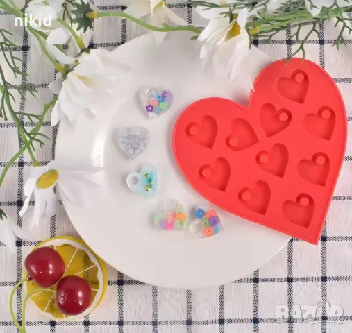 10 плоски сърца сърце с дупка висулка силиконов молд форма фондан шоколад гипс смола бижу таг декор, снимка 4 - Форми - 49981879
