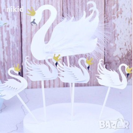 5 бр малък бял Лебед с Корона картонени топери украса декор за мъфини кексчета торта парти декор , снимка 2 - Други - 30140055