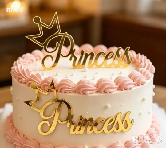 Princess с корона надпис страничен горен акрил топер декор украса за торта рожден ден принцеса, снимка 3 - Други - 55838553