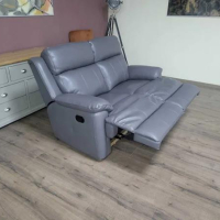 Сиво-лилав кожен диван двойка с ръчен релаксиращ механизъм, снимка 5 - Дивани и мека мебел - 44701782