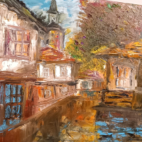 Рисувана, маслена картина "Мостът в Трявна", снимка 5 - Картини - 44812267