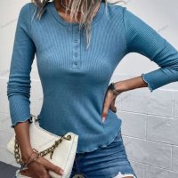 Дамска едноцветна блуза с дълги ръкави с рипсови копчета, 2цвята - 023, снимка 2 - Блузи с дълъг ръкав и пуловери - 40052901