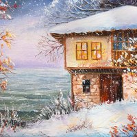 Възрожденски къщи | Зимен пейзаж с море, снимка 1 - Картини - 44160631