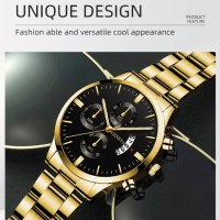 2023 Fashion Men Gold Stainless Steel Watch Luxury Calendar,Нов, снимка 1 - Мъжки - 40643382